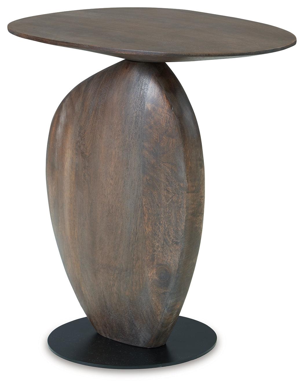 Cormmet accent table side angle showing wood grain and metal base