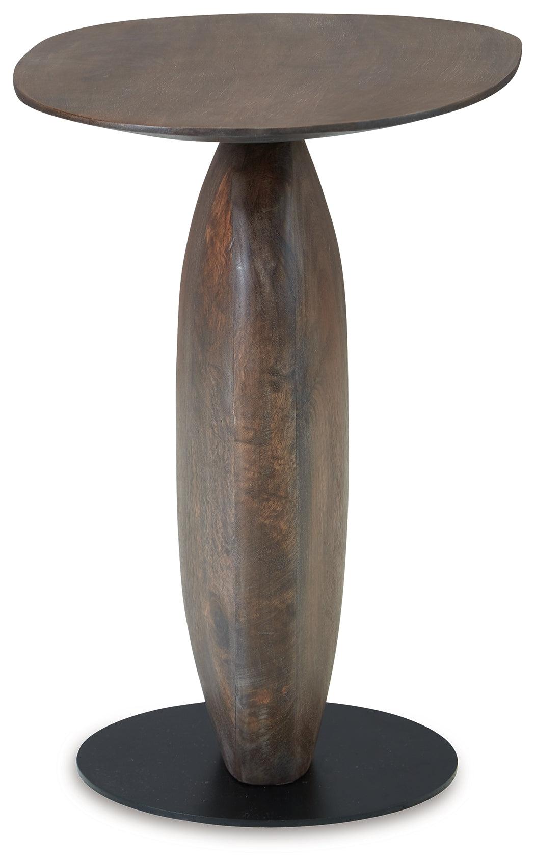Close-up of mango wood top and black metal base of Cormmet accent table