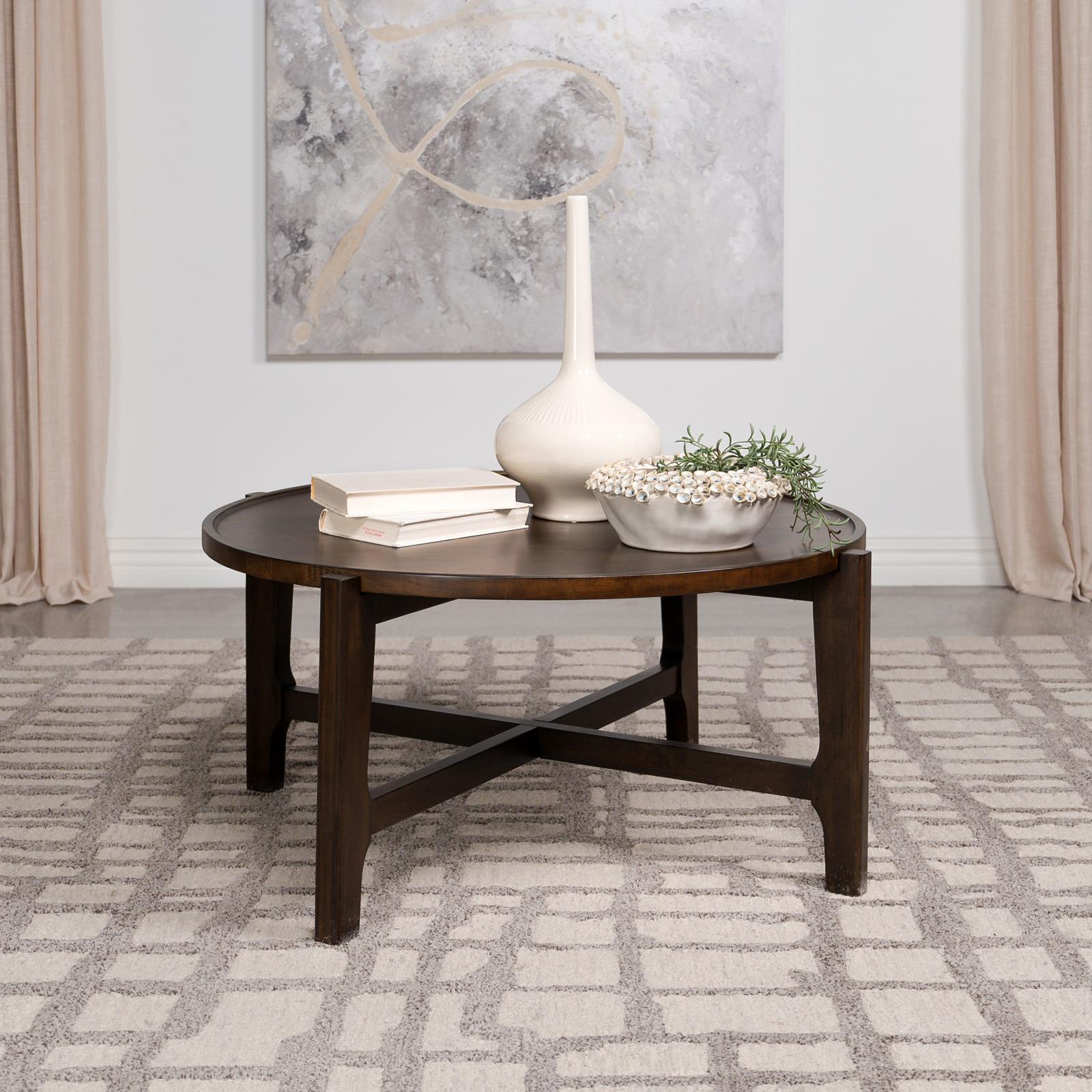 Cota Round Solid Wood Coffee Table dark brown side view