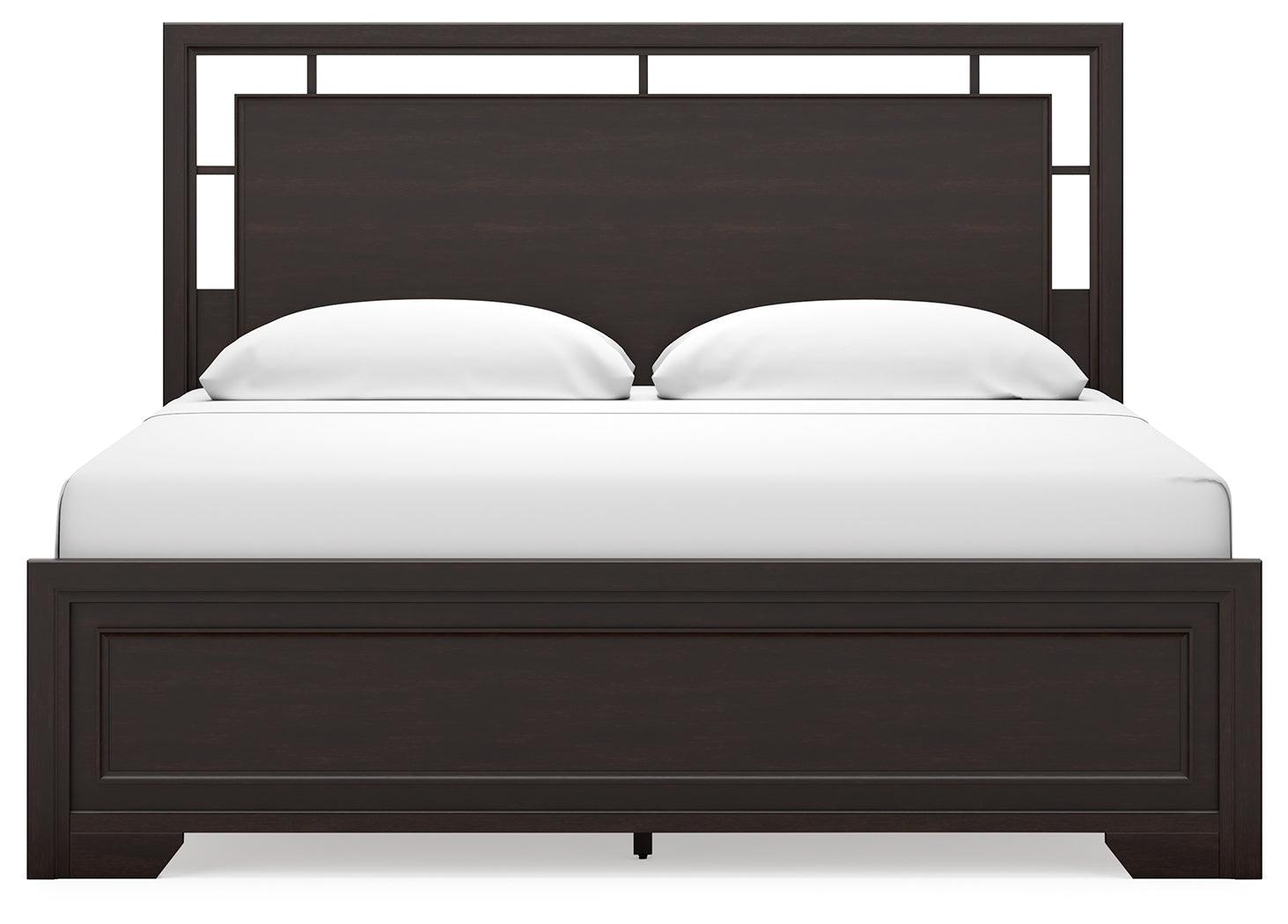 Dark brown finish on Covetown King Panel Bed