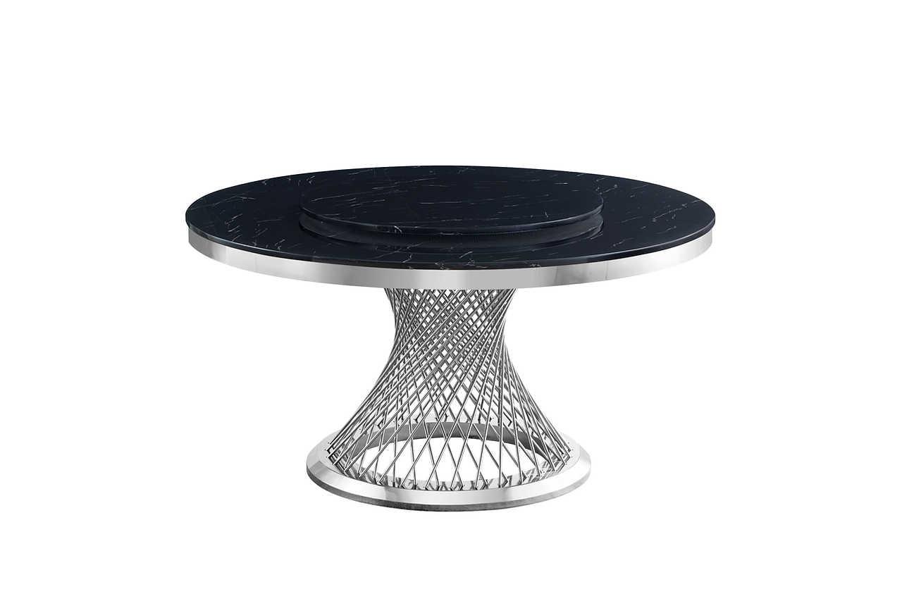 Unico black chrome round dining table angled side view