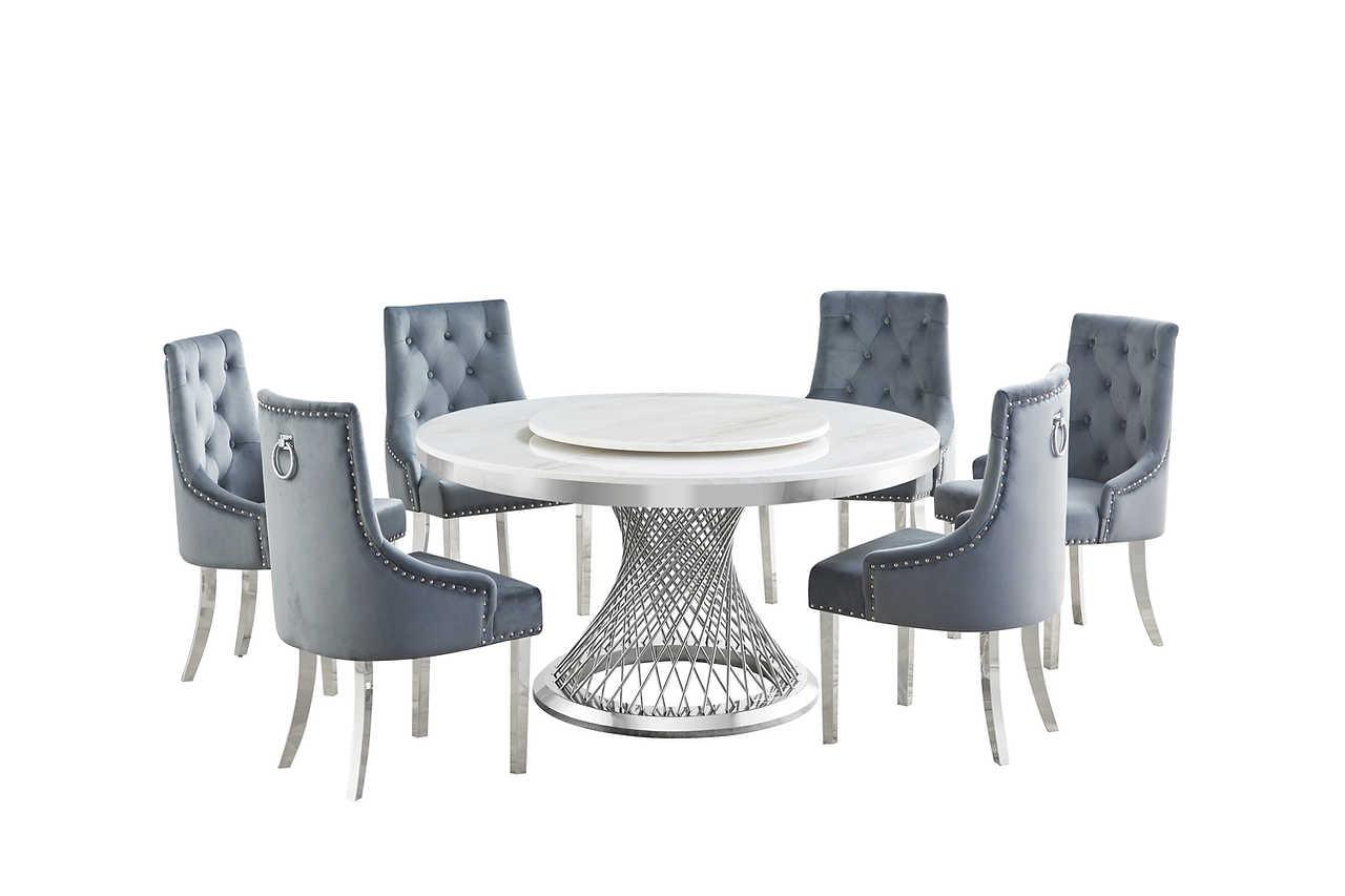 Dining set showing four grey Havana chairs with chrome legs