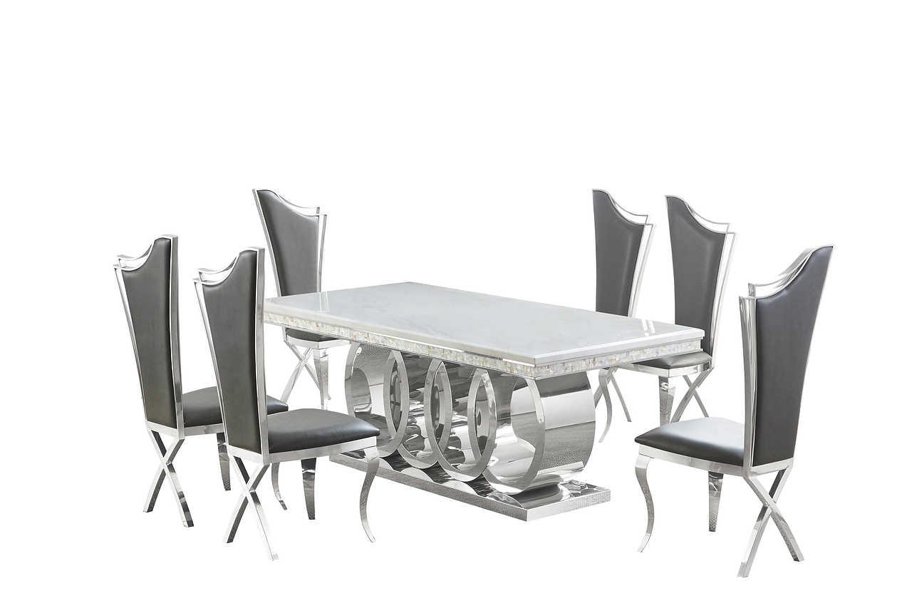 Giovanni rectangular dining table with six gray upholstered chairs