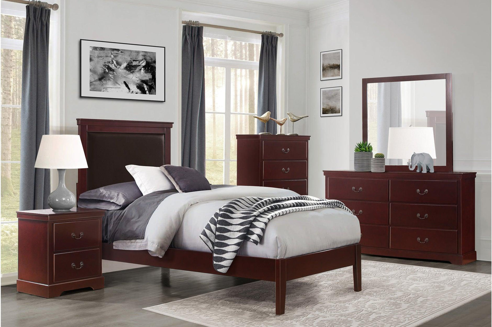 Bedroom view of Seabright Cherry Faux Leather Bedroom Set bed