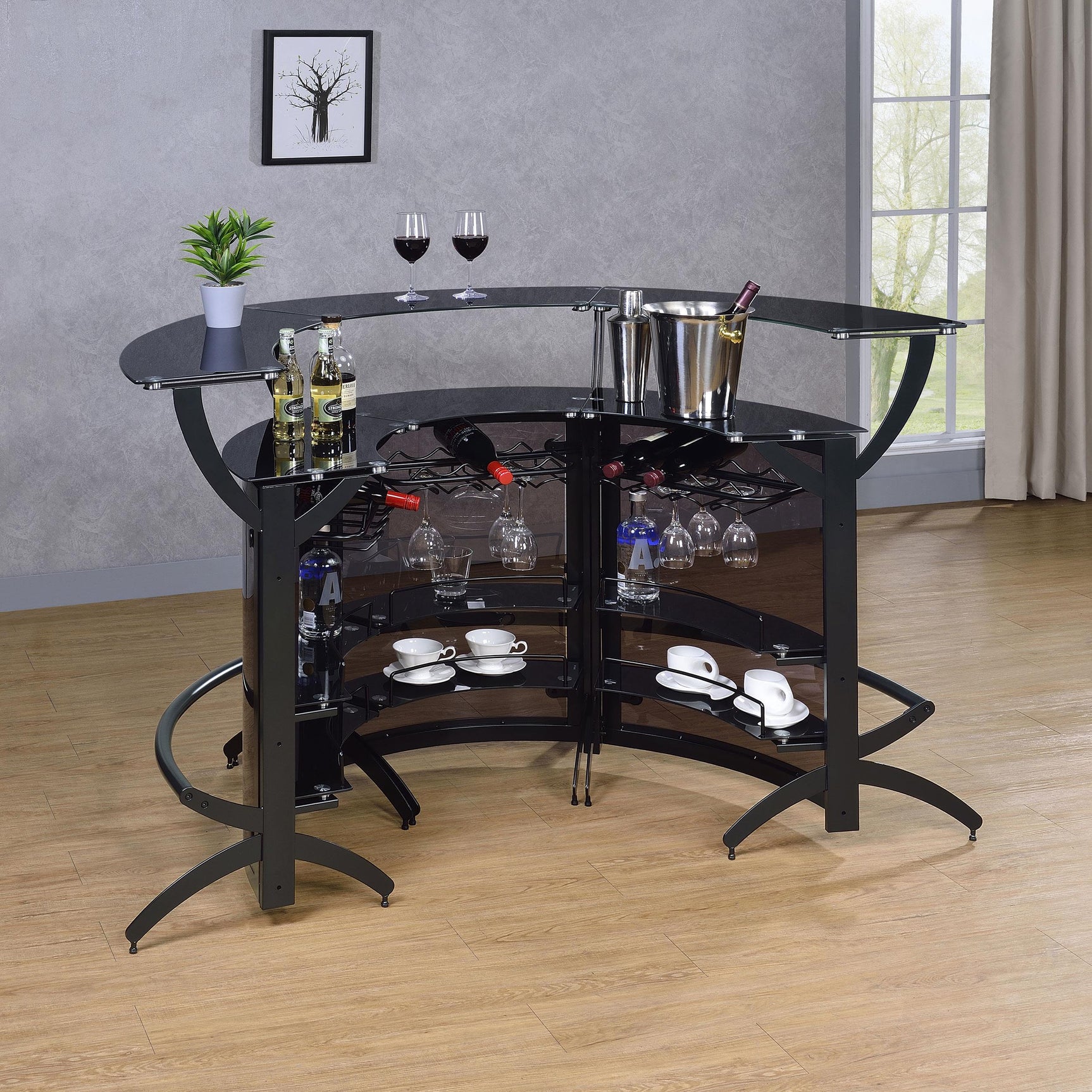 Close-up of stemware racks on Dallas bar cabinet