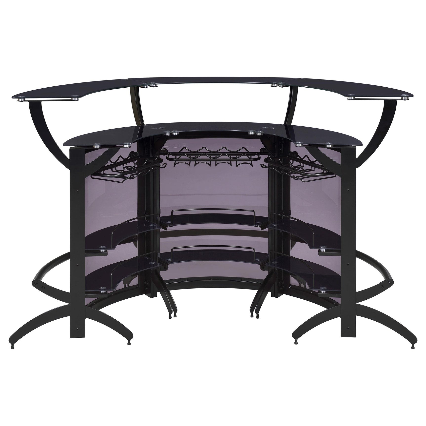 Dallas home bar curved black storage shelves
