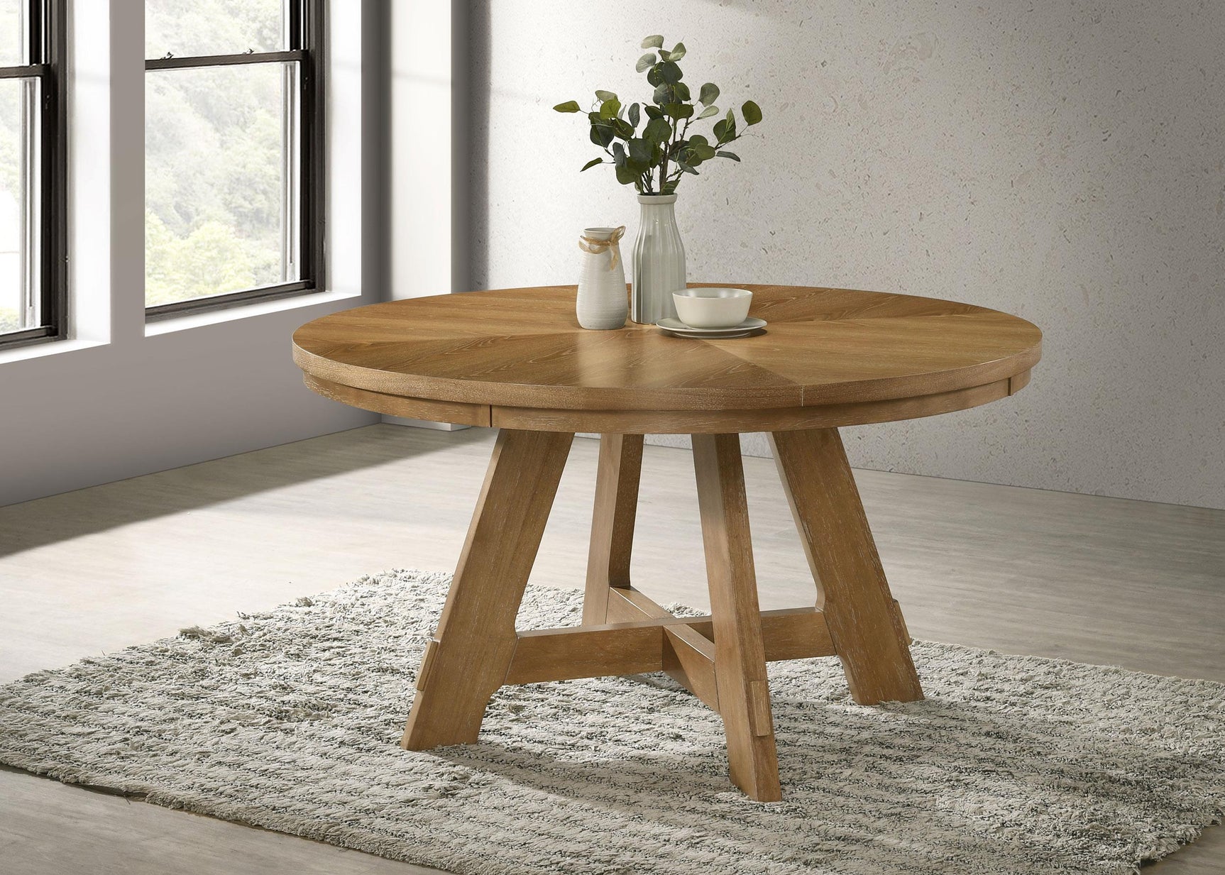 Danvers 54-inch round wood dining table brown oak angled view
