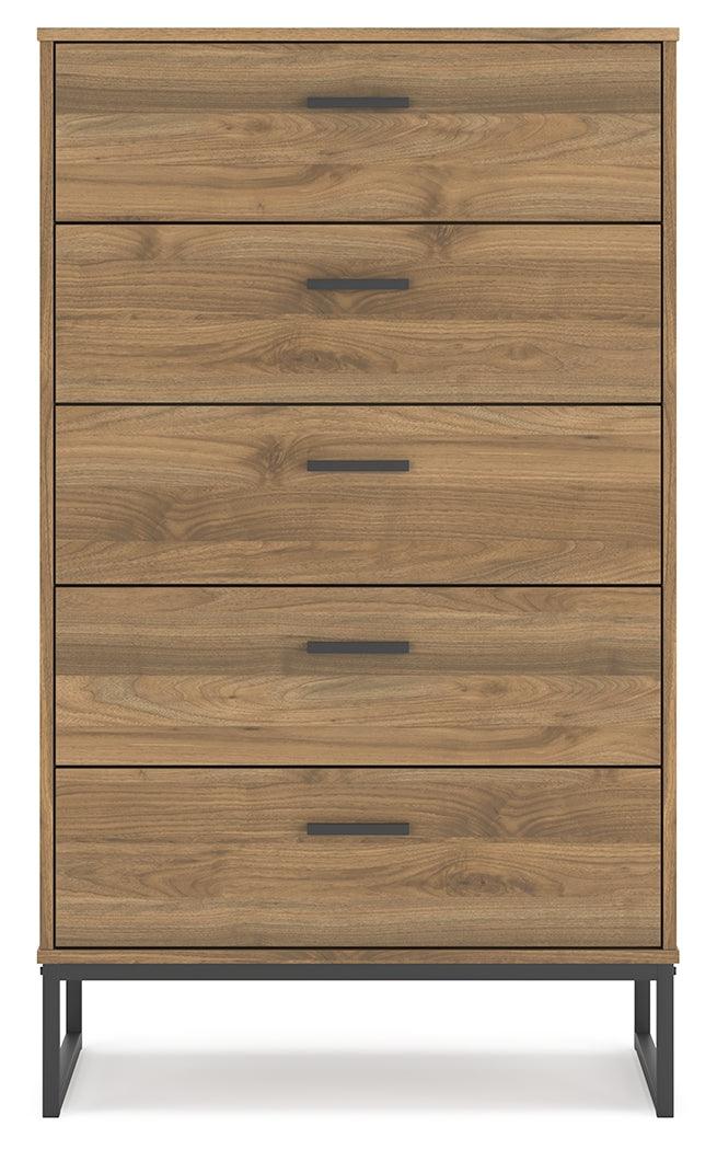 Close-up of Deanlow Chest of Drawers honey walnut finish and pewter handles