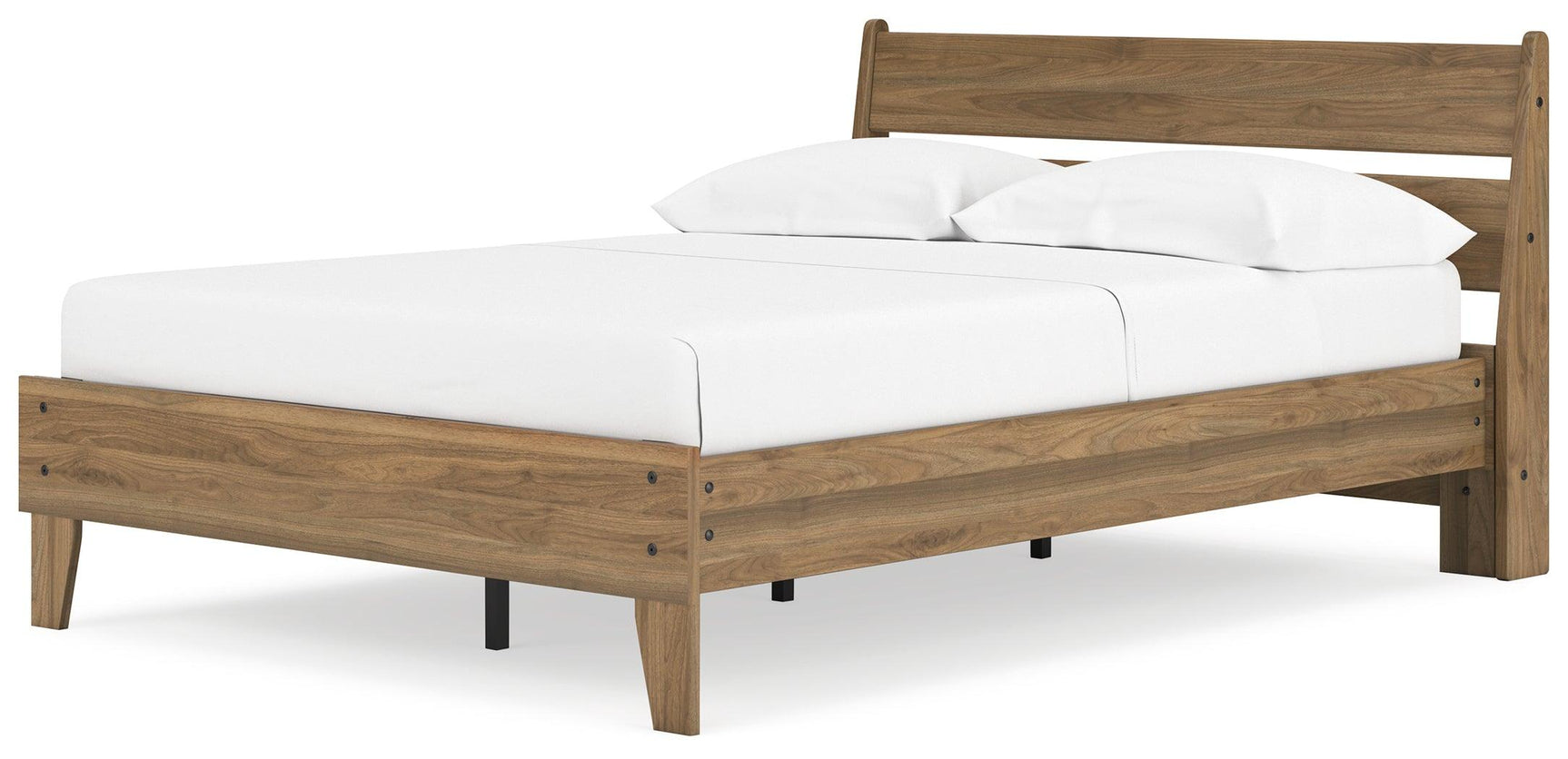 Platform bed frame detail with honey finish