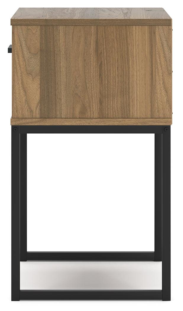 Nightstand profile showcasing honey finish and slender metal legs
