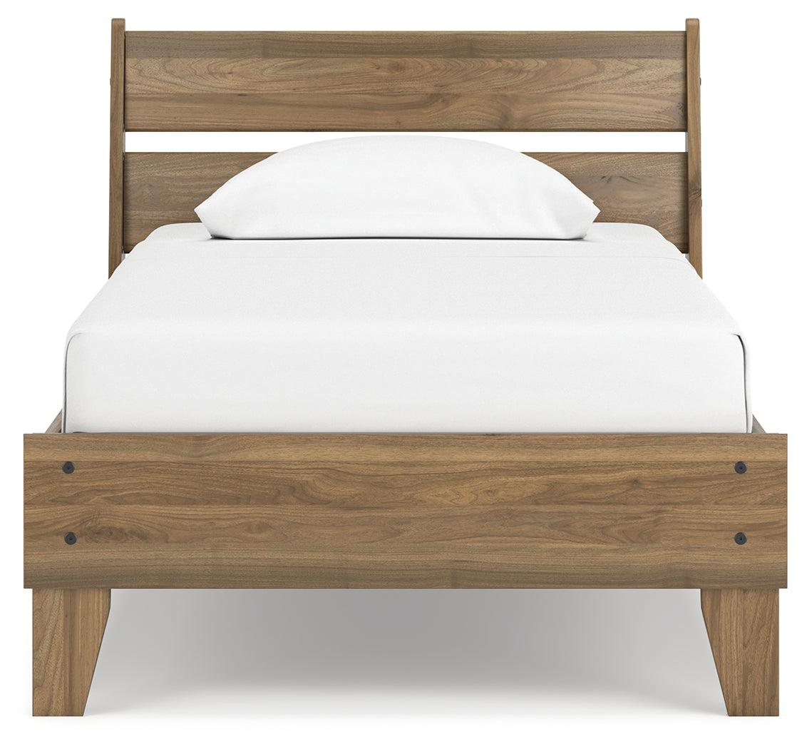 Close-up of honey brown laminate finish on Deanlow Bed