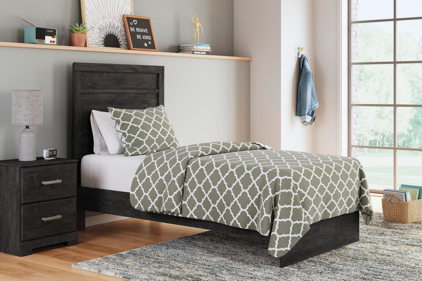 Belachime Charcoal Panel Bedroom Set Twin 5: Bed, Dresser, Mirror, Chest, NightStand from Decor Furniture
