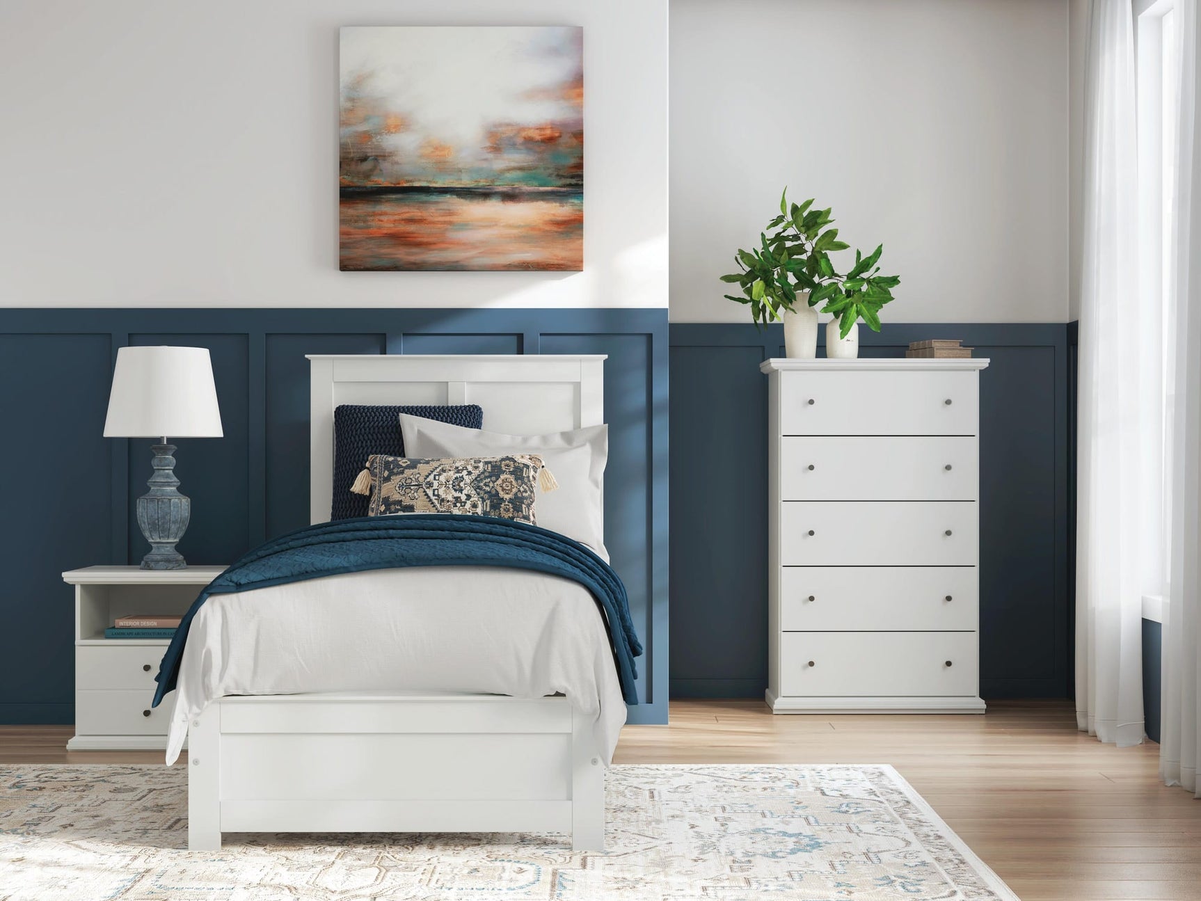 Bostwick White Shoals Panel Bedroom Set Full 5: Bed, Dresser, Mirror, Chest, NightStand from Decor Furniture