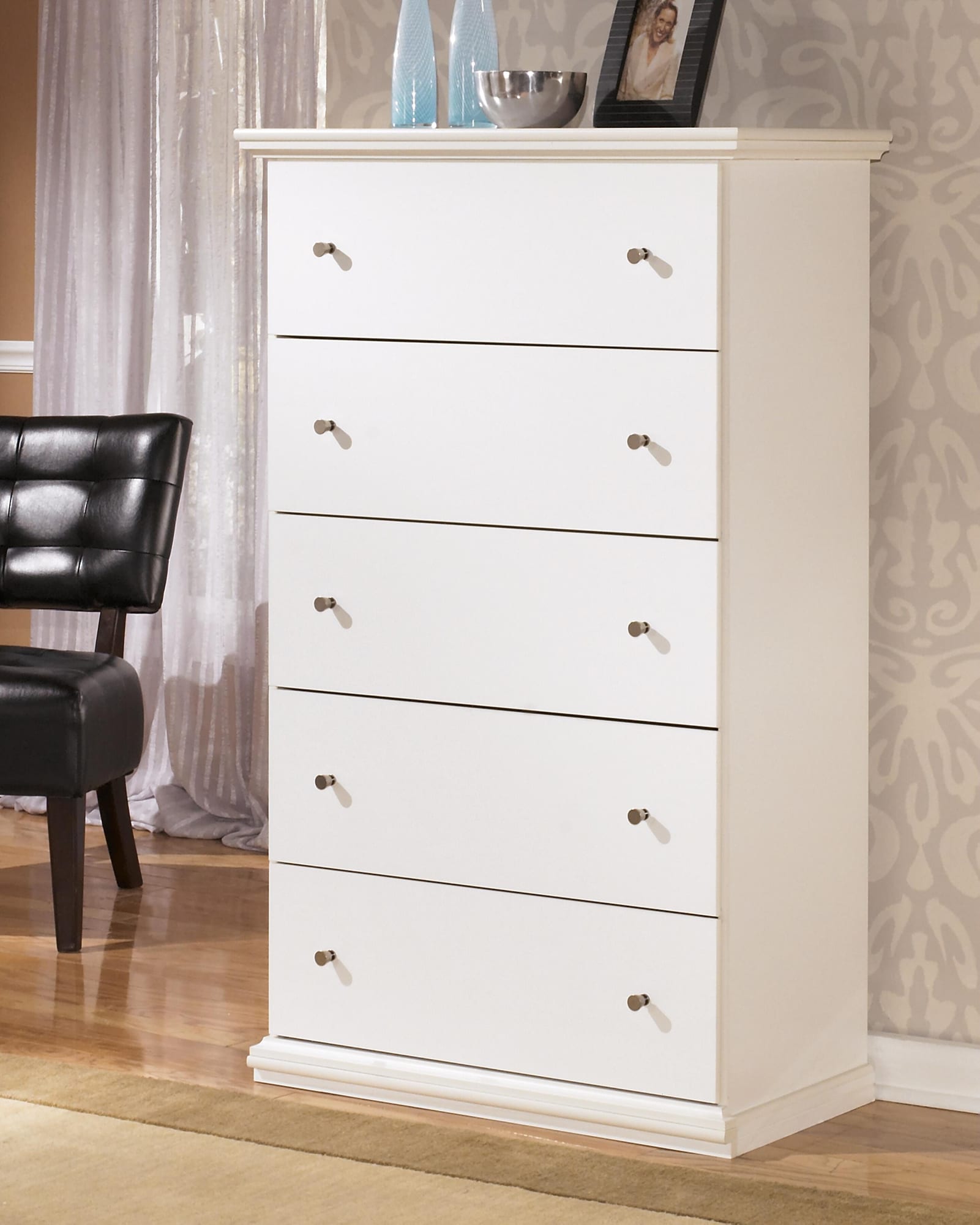 Bostwick White Shoals Panel Bedroom Set King 5: Bed, Dresser, Mirror, Chest, NightStand from Decor Furniture