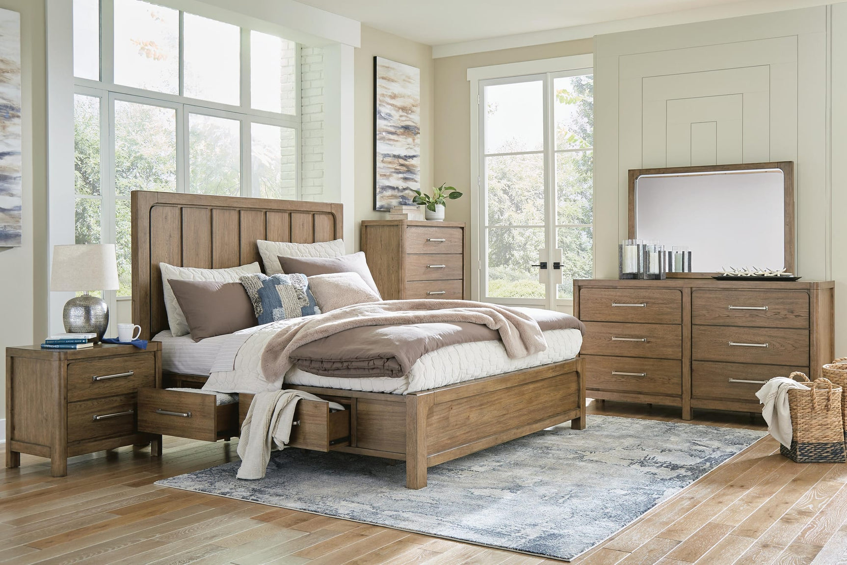Cabalynn Light Brown Panel Bedroom Set King 5: Bed, Dresser, Mirror, Chest, NightStand from Decor Furniture