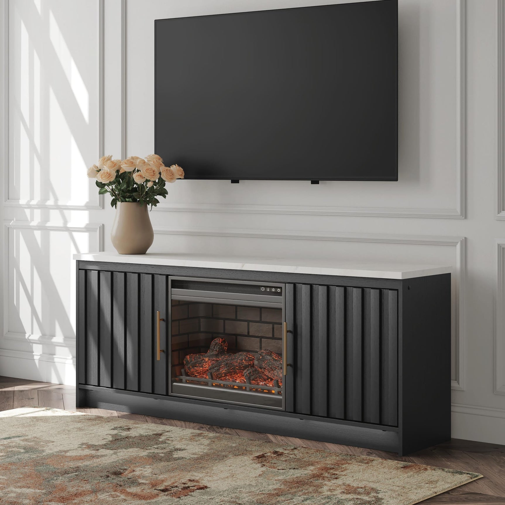Cadmori Black/White 63" TV Stand with Electric Fireplace from Decor Furniture