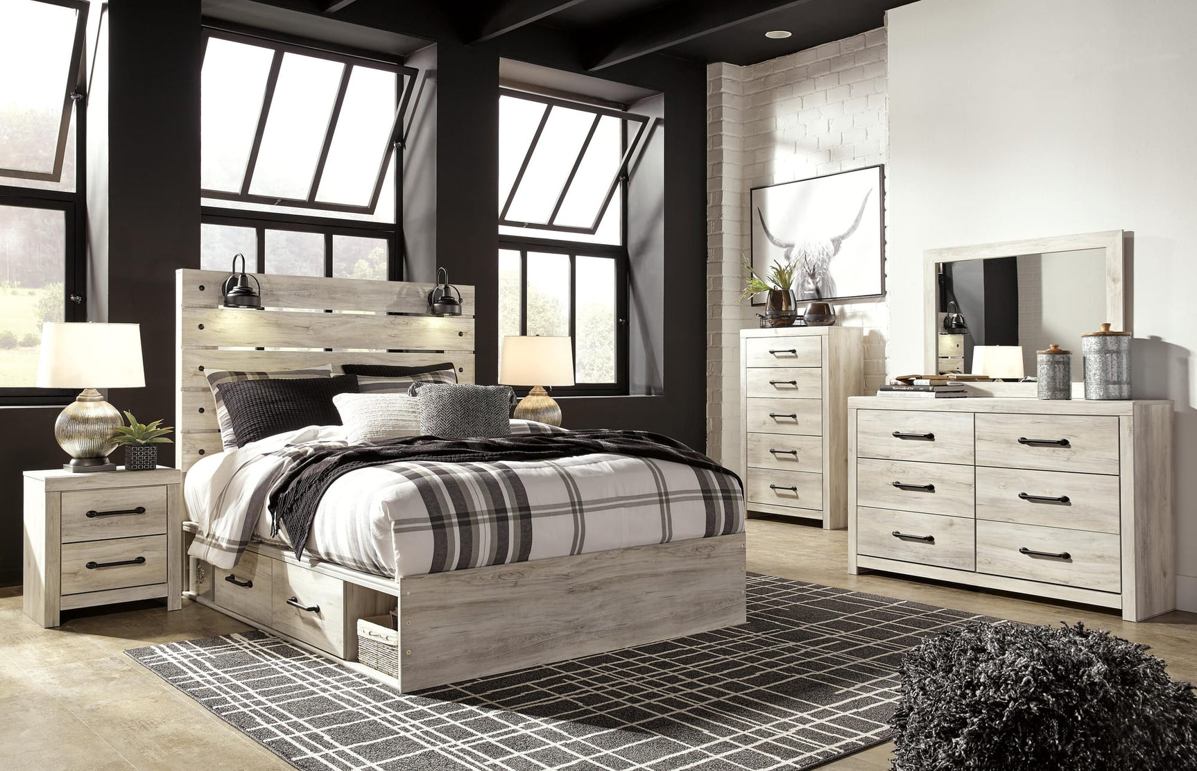 Cambeck Whitewash Panel Bedroom Set with Multiple Sizes and Configurations Queen 5: Bed, Dresser, Mirror, Chest, NightStand from Decor Furniture