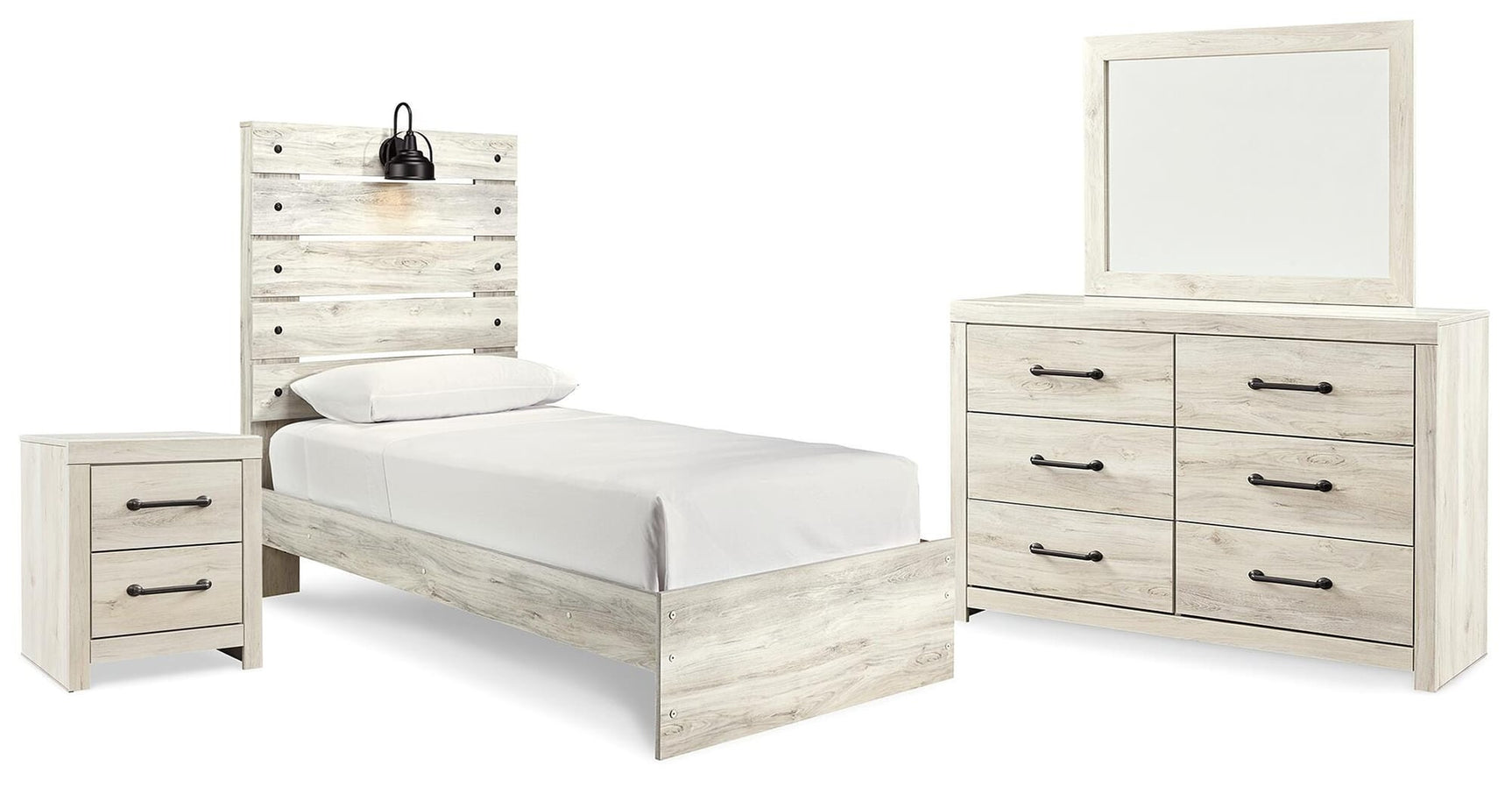 Cambeck Whitewash Panel Bedroom Set with Multiple Sizes and Configurations Twin 4: Bed, Dresser, Mirror, NightStand from Decor Furniture