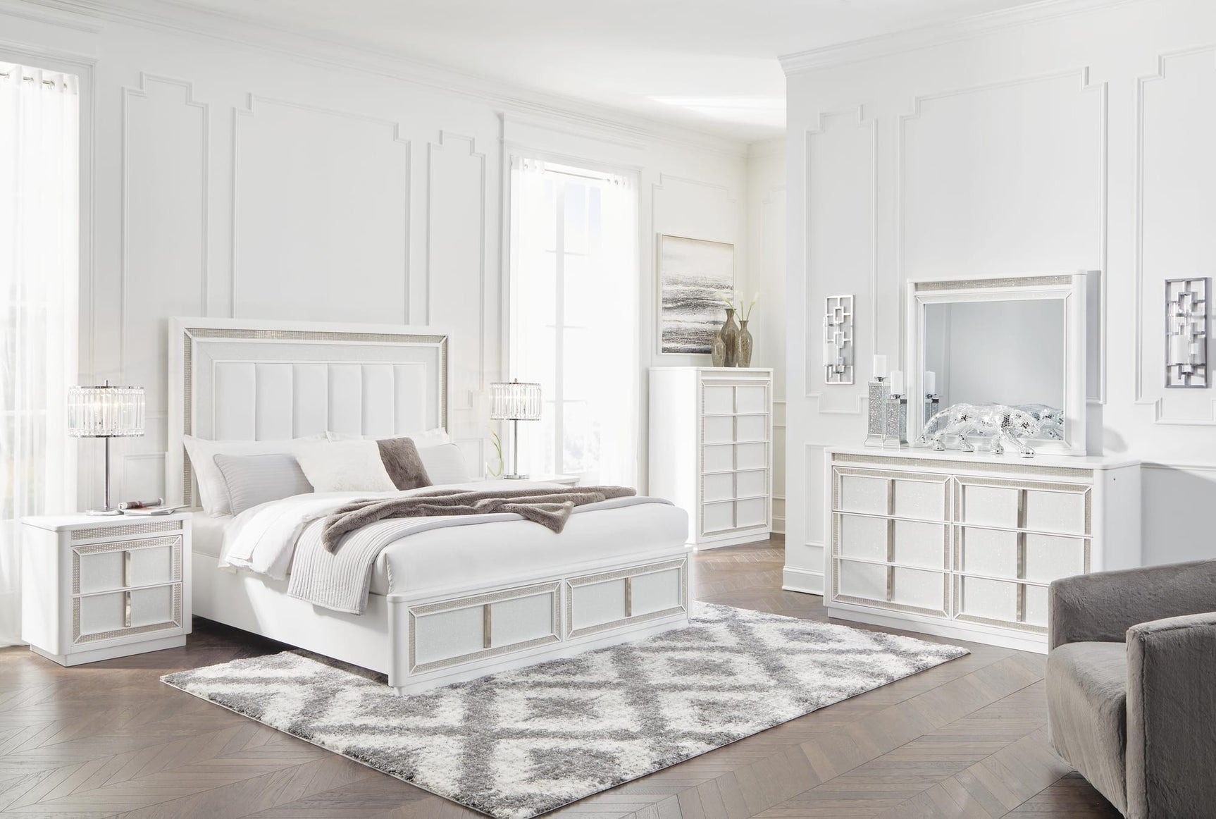 Chalanna White Upholstered Storage Bedroom Set Queen 3: Bed, Dresser, Mirror from Decor Furniture