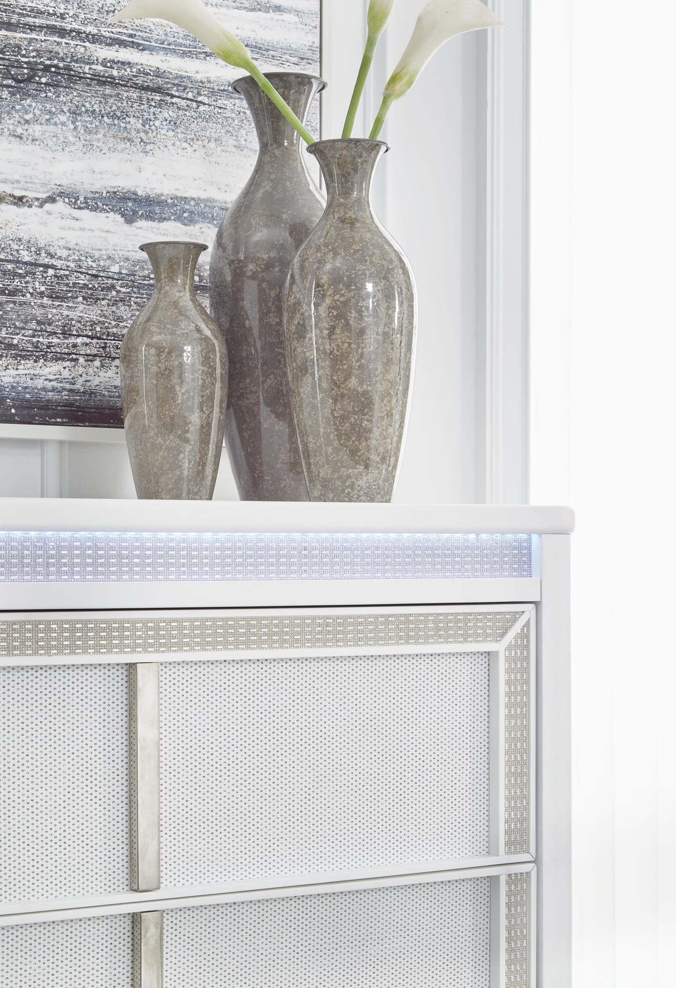 Chalanna White Upholstered Storage Bedroom Set Queen 4: Bed, Dresser, Mirror, Chest from Decor Furniture