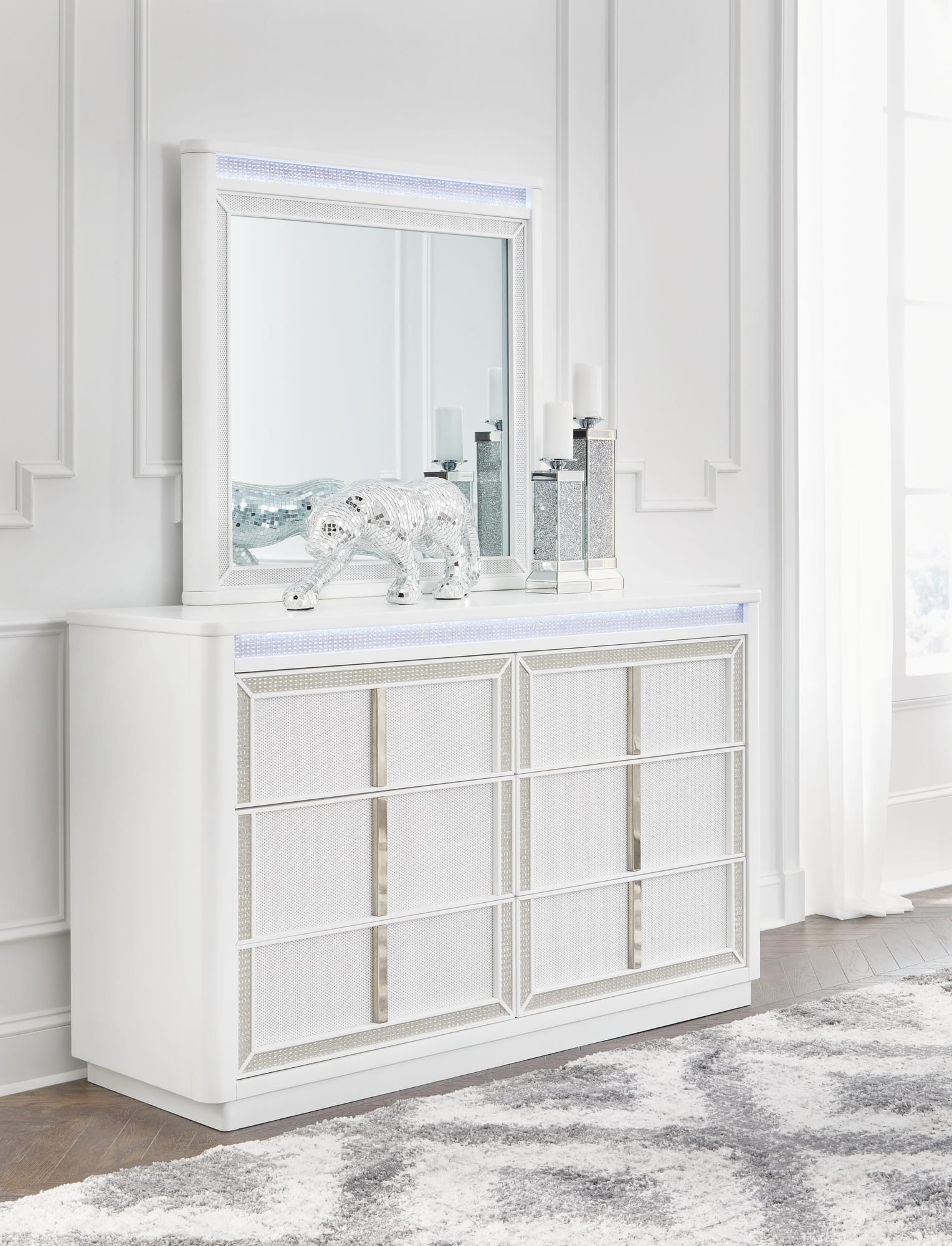 Chalanna White Upholstered Storage Bedroom Set King 3: Bed, Dresser, Mirror from Decor Furniture
