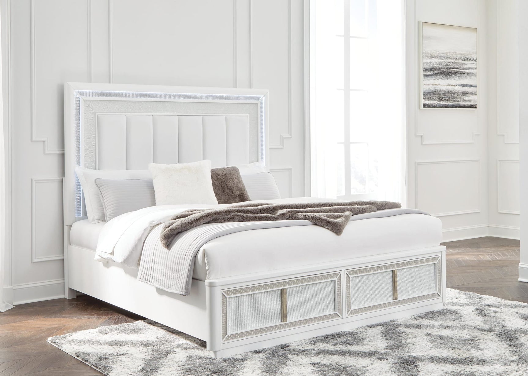 Chalanna White Upholstered Storage Bedroom Set King 4: Bed, Dresser, Mirror, Chest from Decor Furniture