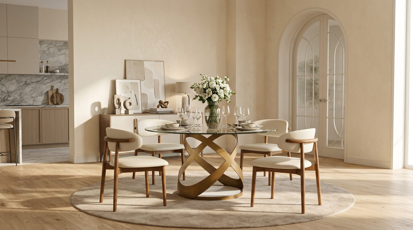 Dimi 5-Piece Dining Set with Clear Glass Table and Bronze Infinity-Loop Base from Decor Furniture