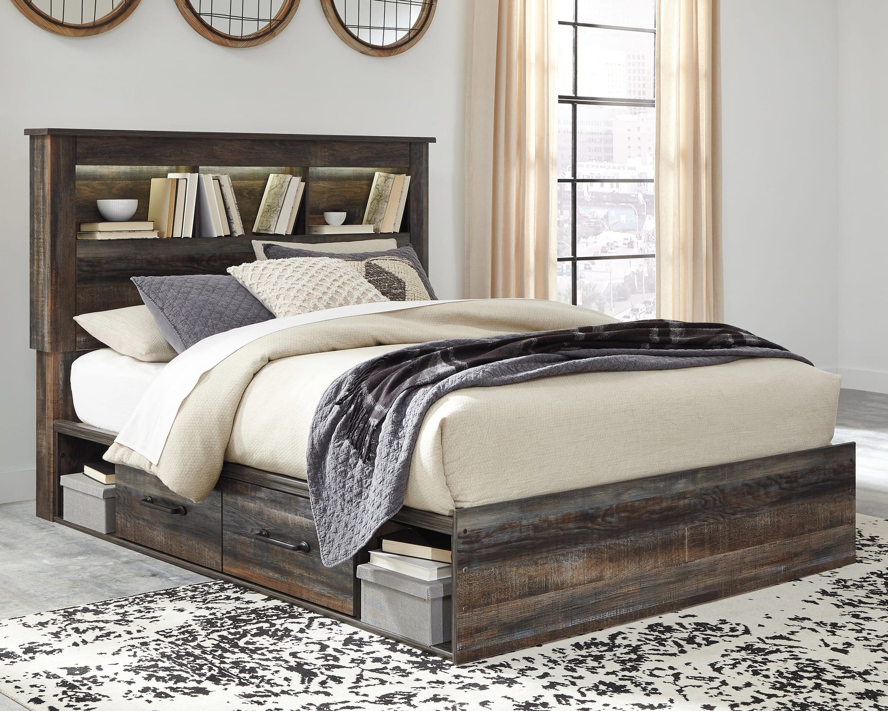 Drystan Multi Bookcase Bedroom Set with Storage King 3: Bed, Dresser, Mirror from Decor Furniture