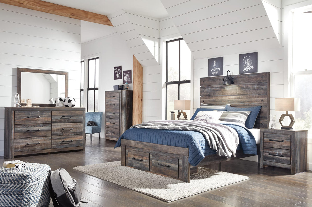 Drystan Multi Panel Bedroom Set Full 5: Bed, Dresser, Mirror, Chest, NightStand from Decor Furniture