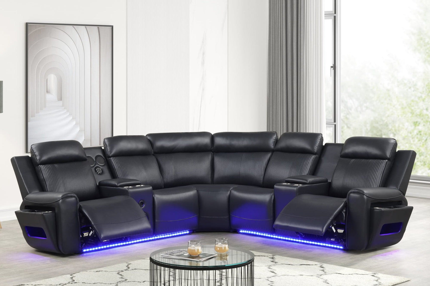 Galaxy Black Air Leather Reclining Sectional with Bluetooth Speakers and LED Lighting view 8