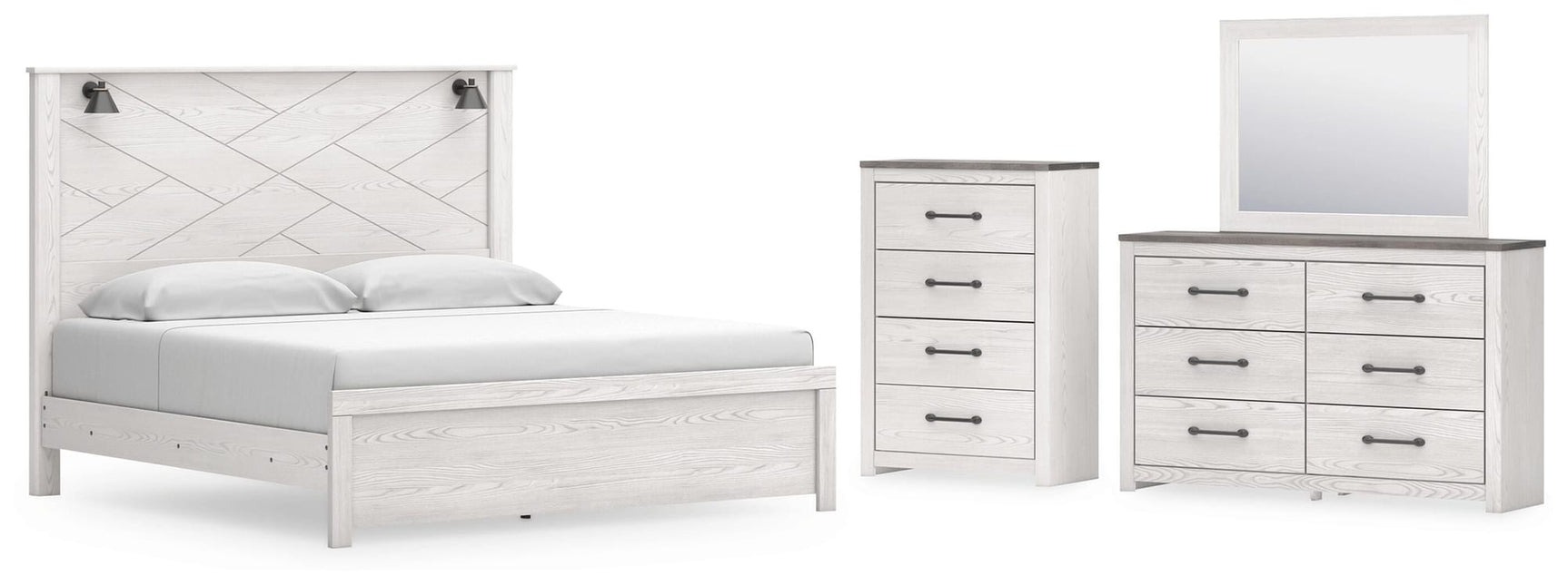 Gerridan White/Gray Panel Bedroom Set King 4: Bed, Dresser, Mirror, Chest from Decor Furniture