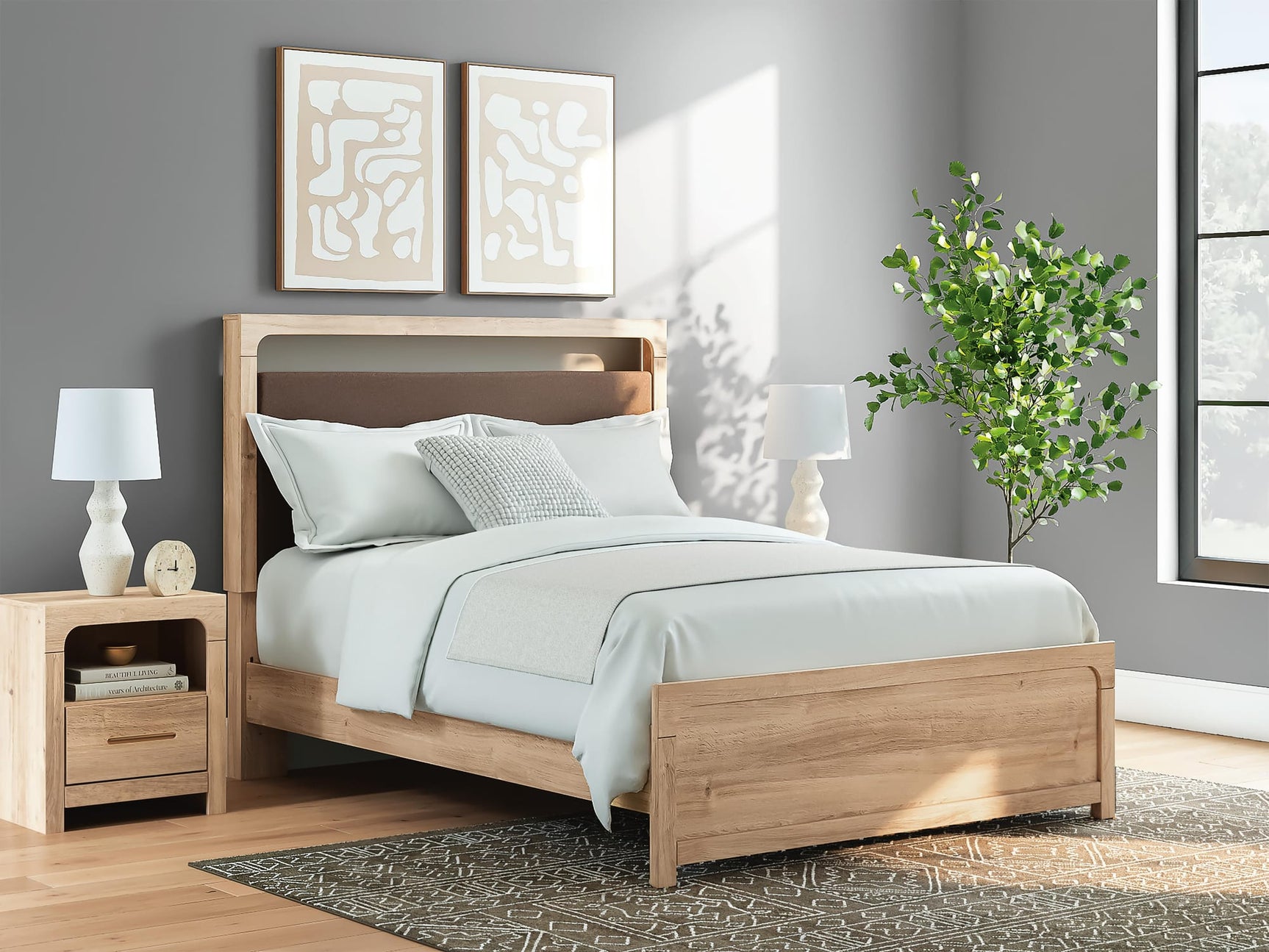 Kinlanni Tan Upholstered Platform Bedroom Set Queen 3: Bed, Dresser, Mirror from Decor Furniture