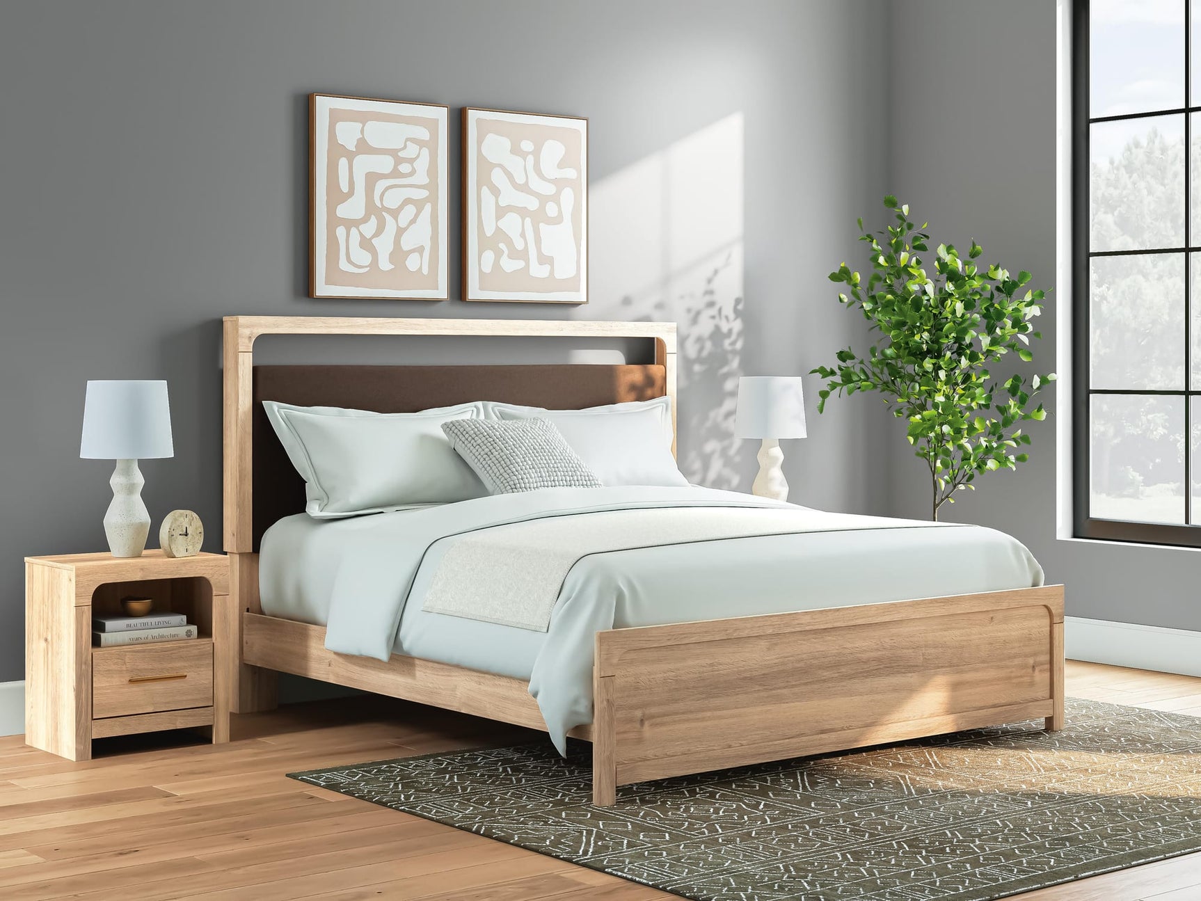 Kinlanni Tan Upholstered Platform Bedroom Set King 3: Bed, Dresser, Mirror from Decor Furniture