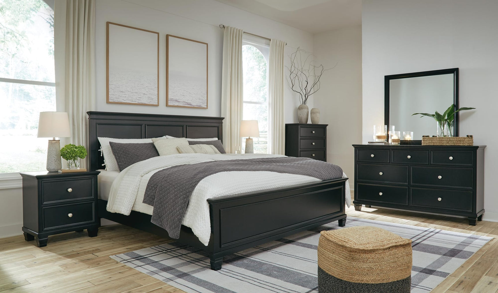 Lanolee Black Panel Bedroom Set King 5: Bed, Dresser, Mirror, Chest, NightStand from Decor Furniture