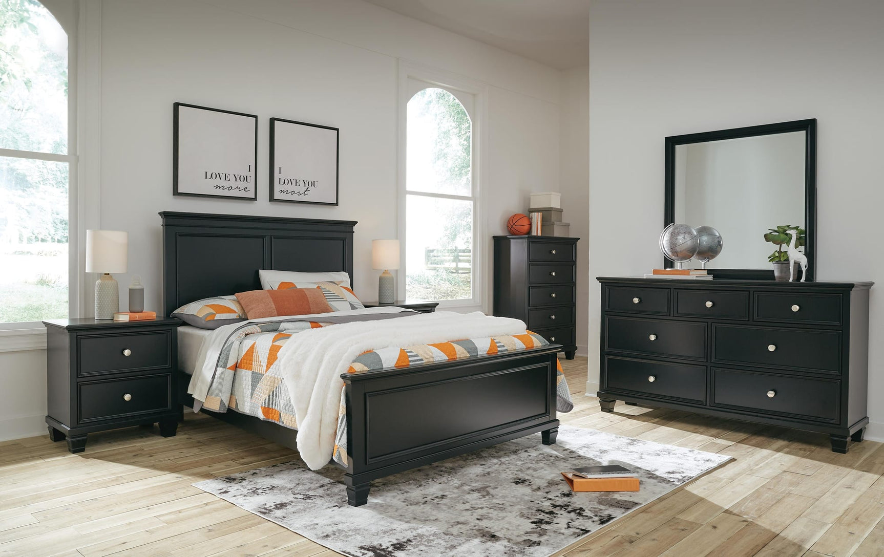 Lanolee Black Panel Bedroom Set Full 5: Bed, Dresser, Mirror, Chest, NightStand from Decor Furniture