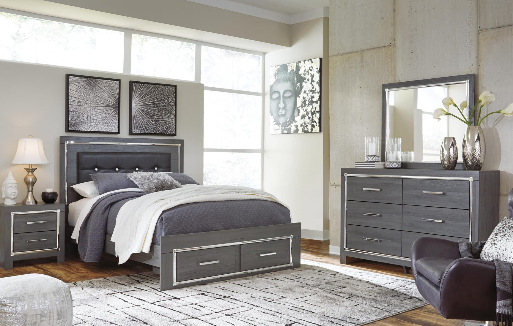 Lodanna Gray Panel Bedroom Set with Upholstered Bed and Storage Queen 5: Bed, Dresser, Mirror, Chest, NightStand from Decor Furniture