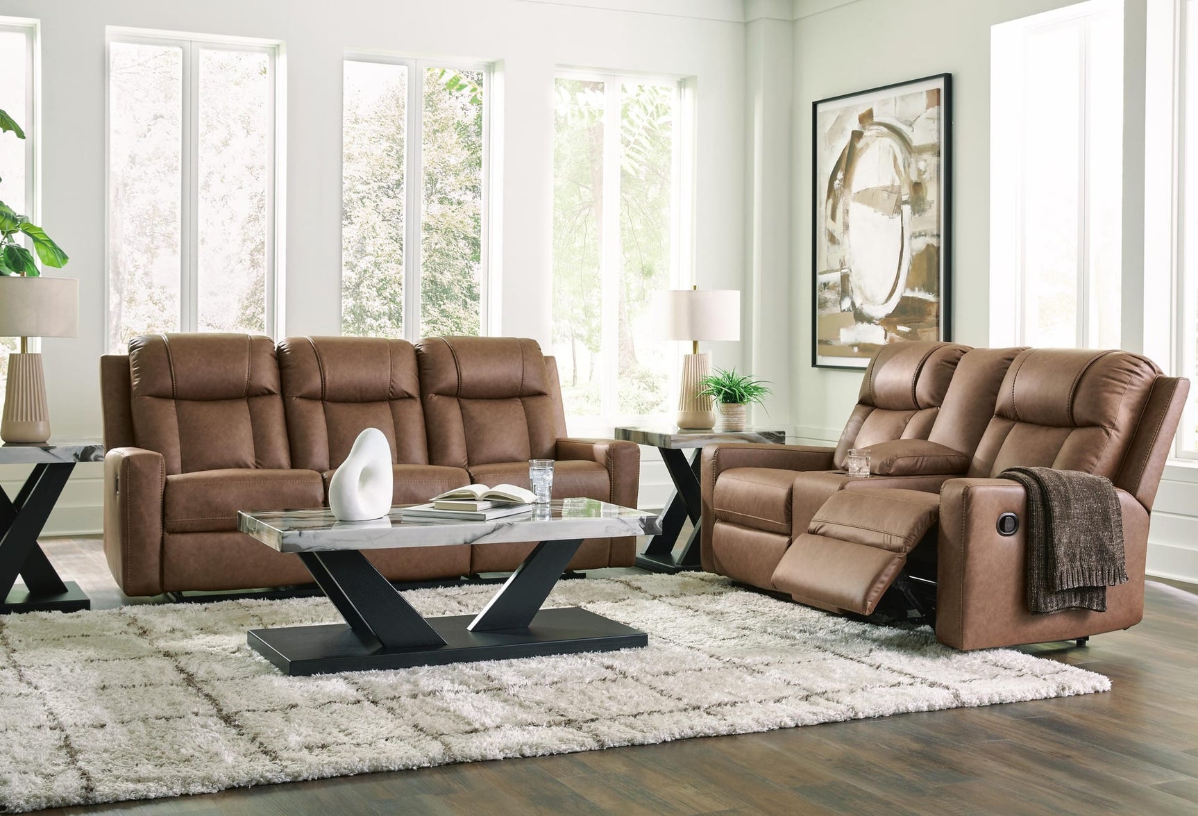 Mackmenville Caramel Reclining Sofa and Reclining Loveseat with Console from Decor Furniture