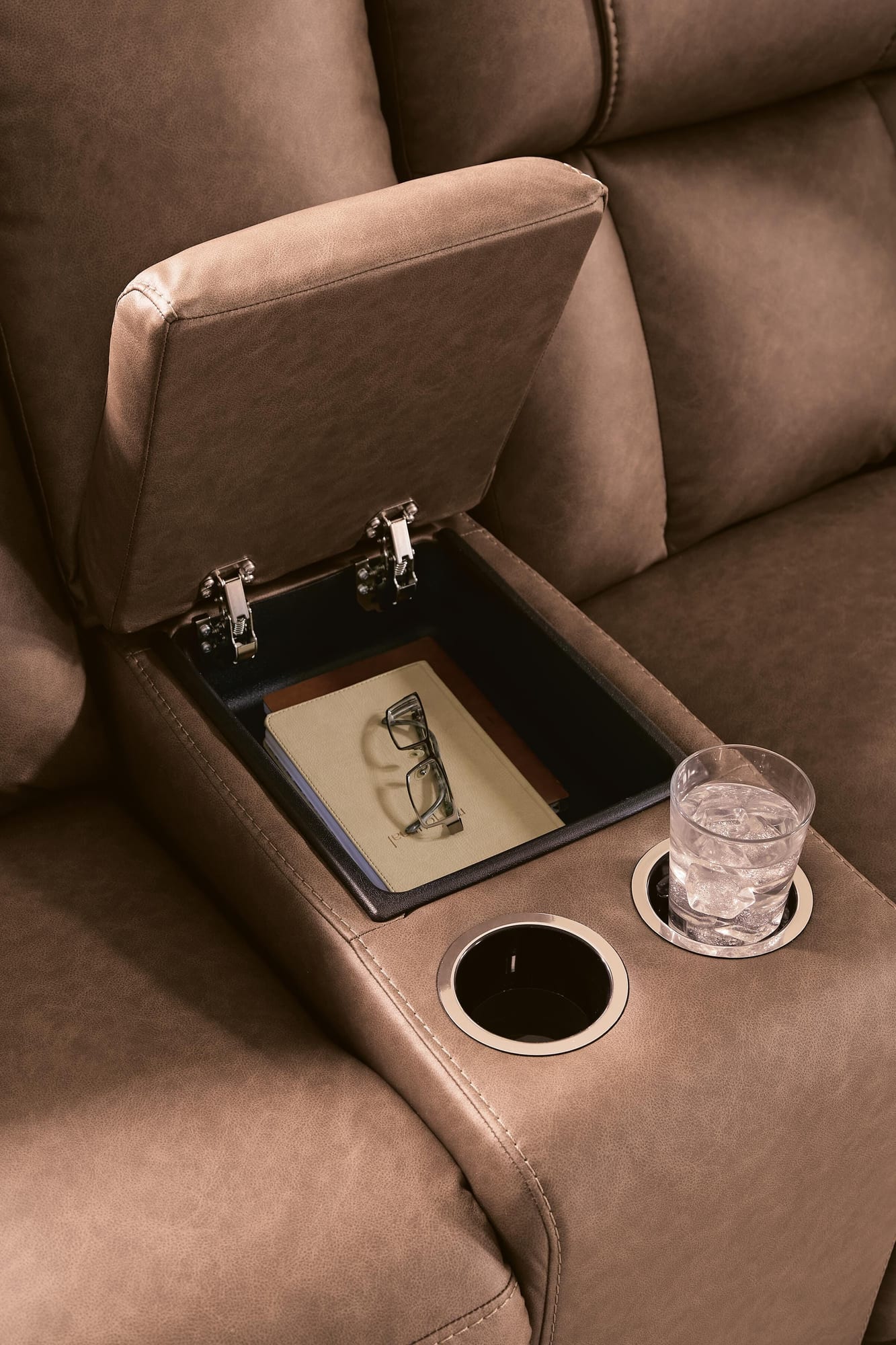 Mackmenville Caramel Reclining Sofa and Reclining Loveseat with Console view 2