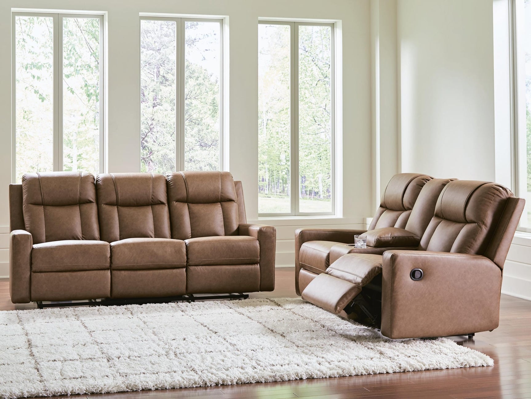 Mackmenville Caramel Reclining Sofa and Reclining Loveseat with Console view 4