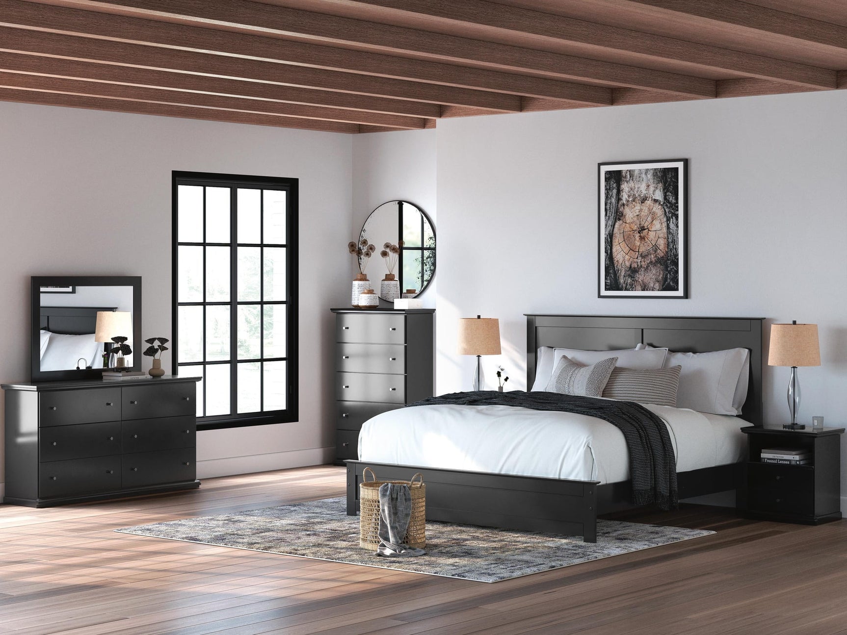 Maribel Black Panel Bedroom Set with Multiple Size and Piece Options King 4: Bed, Dresser, Mirror, NightStand from Decor Furniture
