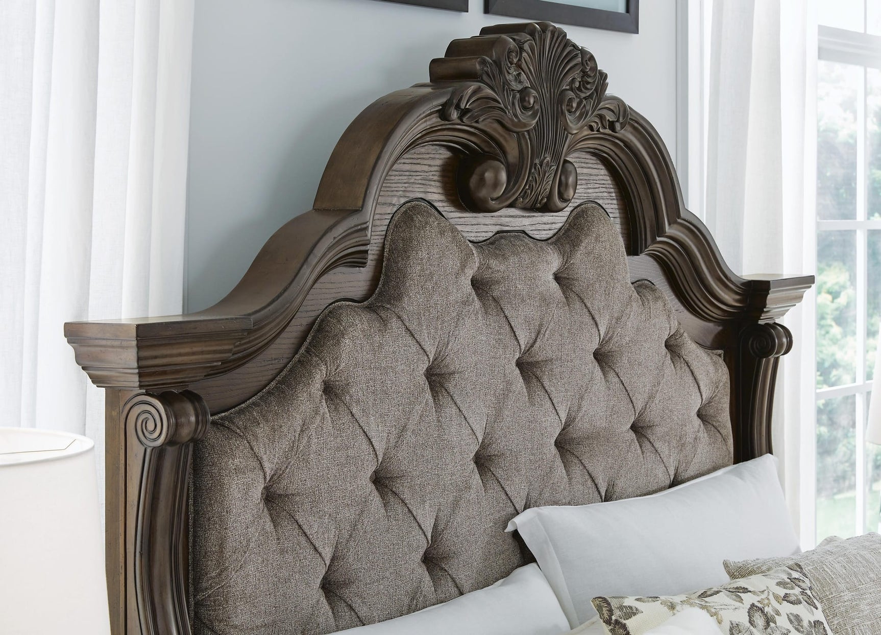 Maylee Dark Brown Upholstered Bedroom Set King 3: Bed, Dresser, Mirror from Decor Furniture