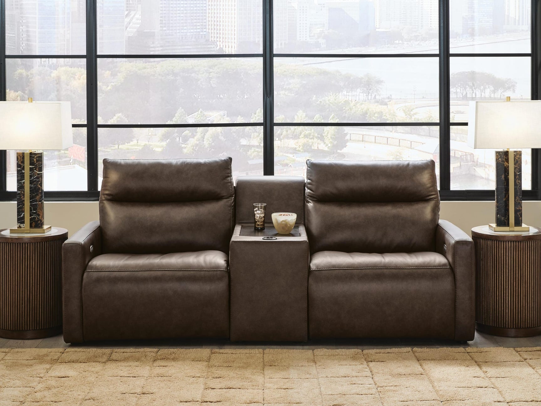 ModZ Chocolate 3-Piece Power Reclining Sectional Loveseat with Audio Console from Decor Furniture