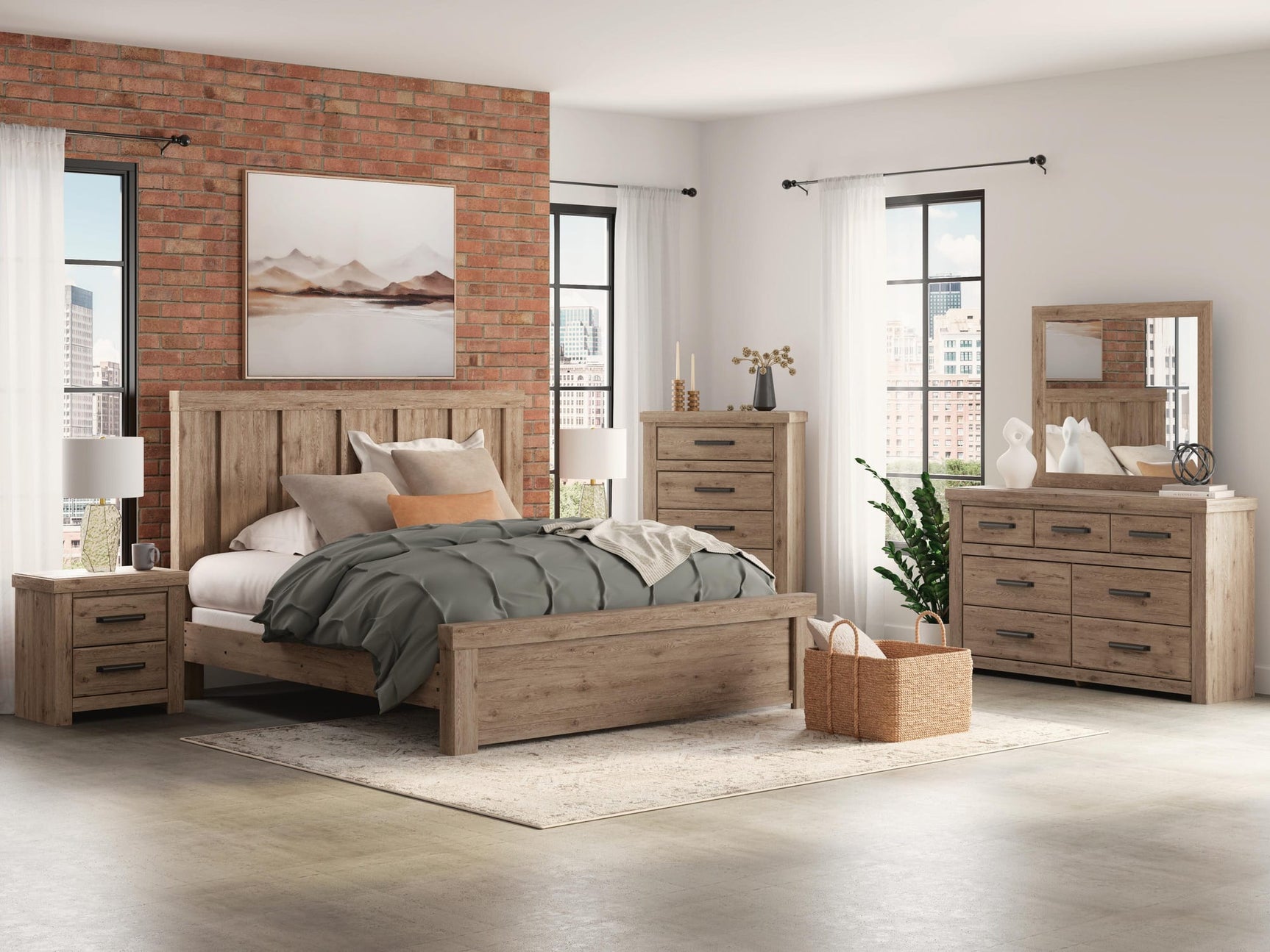 Oliandon Light Brown Panel Bedroom Set King 5: Bed, Dresser, Mirror, Chest, NightStand from Decor Furniture