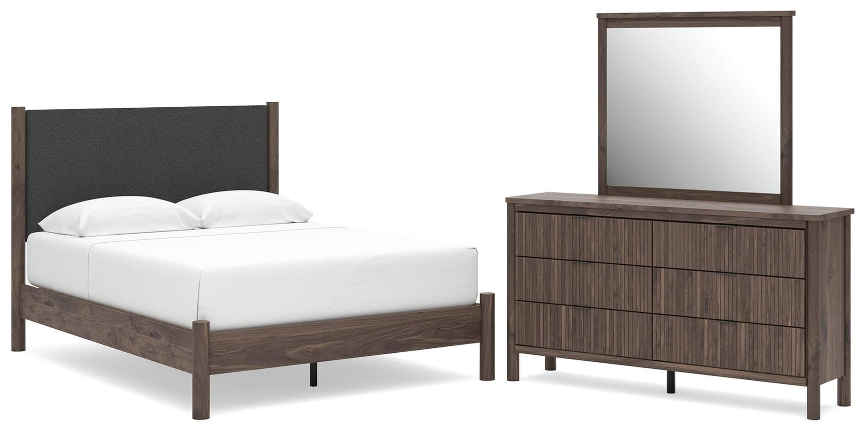 Pamytta Brown Upholstered Platform Bedroom Set Queen 3: Bed, Dresser, Mirror from Decor Furniture