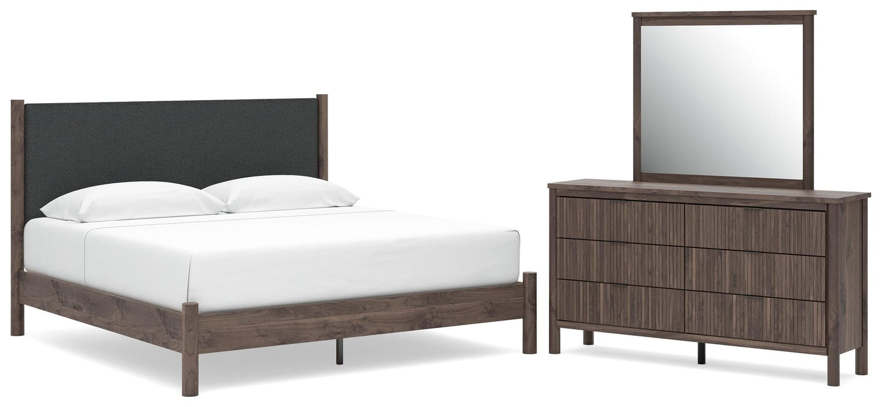 Pamytta Brown Upholstered Platform Bedroom Set King 3: Bed, Dresser, Mirror from Decor Furniture