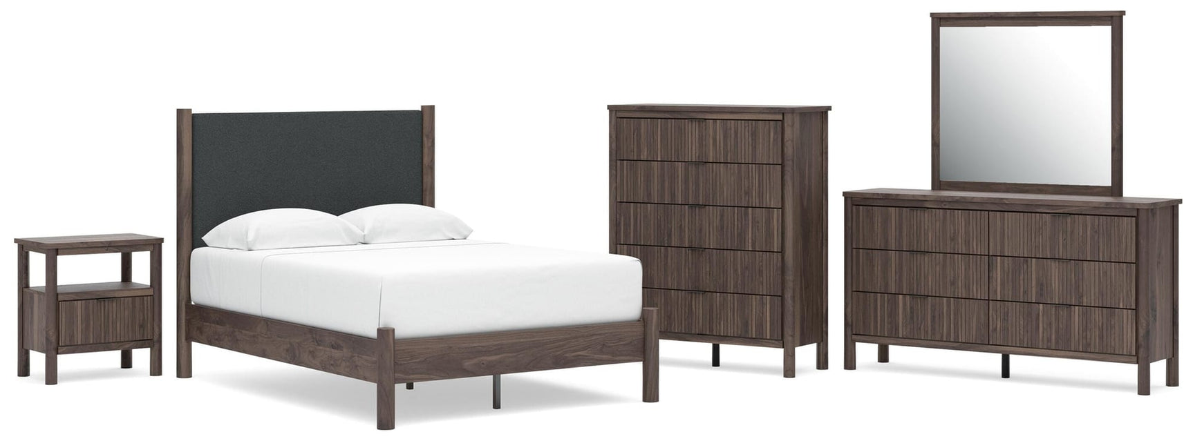 Pamytta Brown Upholstered Platform Bedroom Set Full 5: Bed, Dresser, Mirror, Chest, NightStand from Decor Furniture