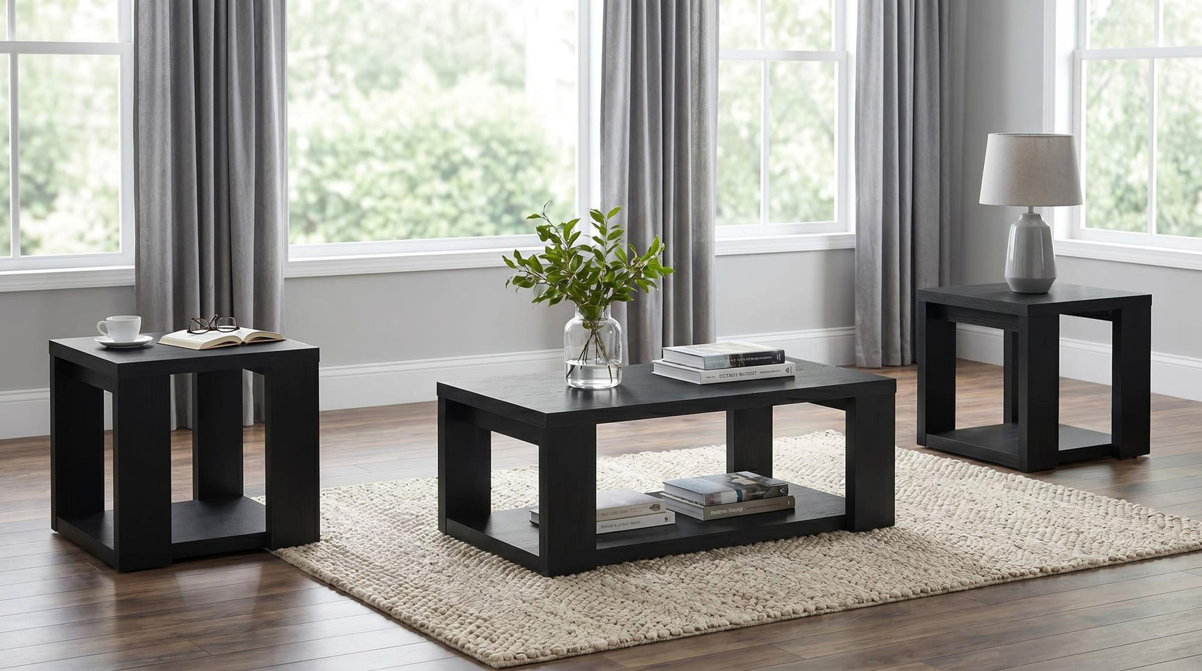 Pavone 3-Piece Transitional Coffee and End Table Set with Shelves Black from Decor Furniture