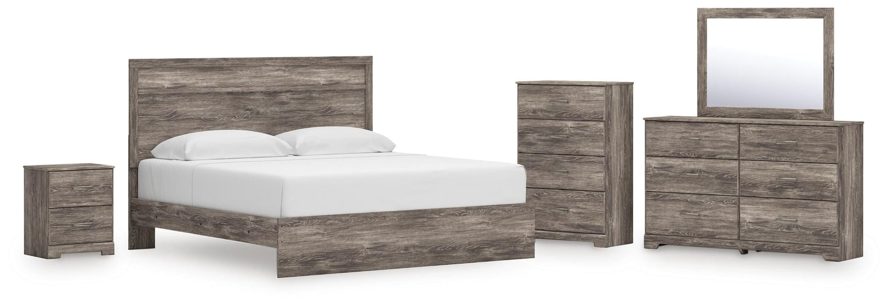 Ralinksi Gray Panel Bedroom Set King 5: Bed, Dresser, Mirror, Chest, NightStand from Decor Furniture