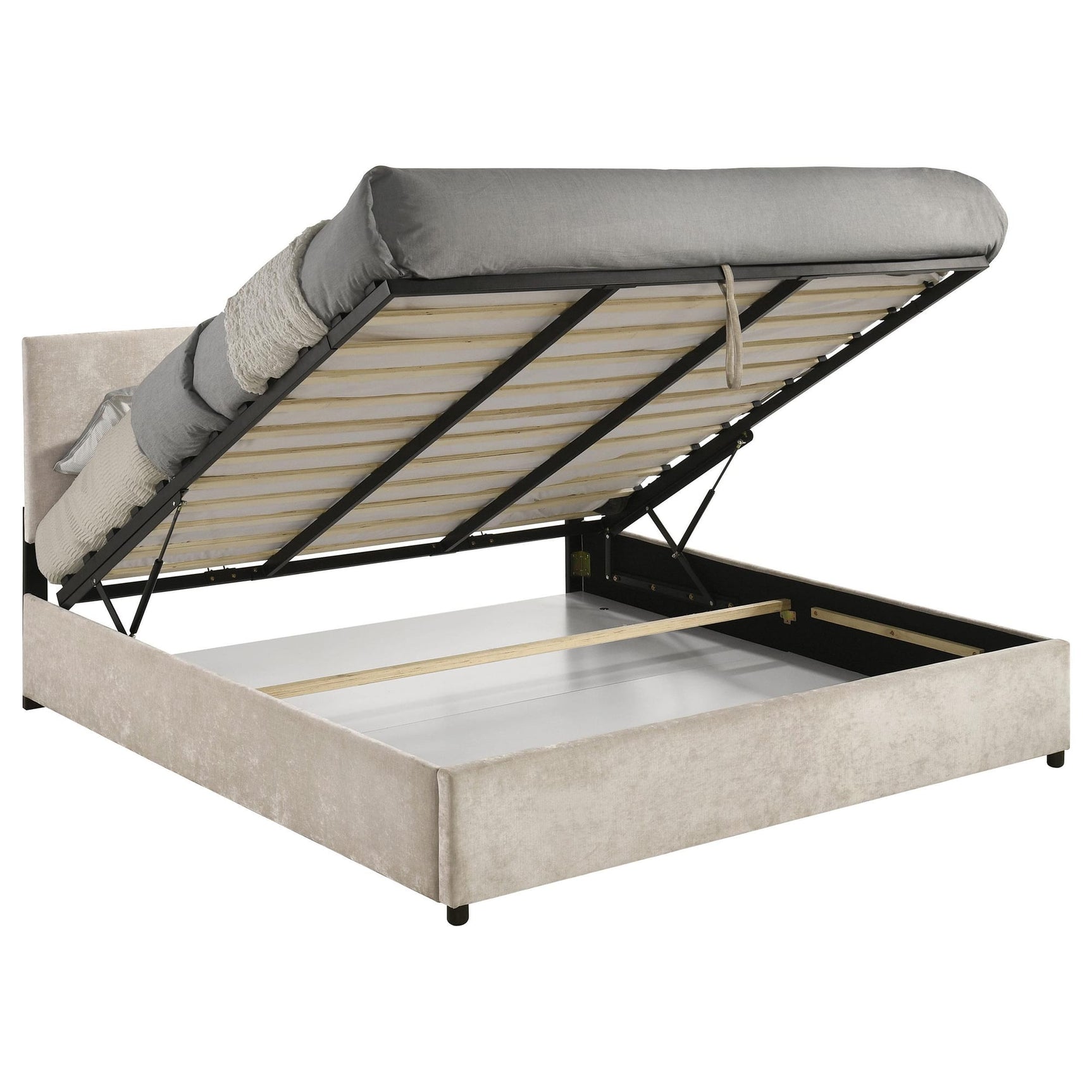 Reeves Upholstered Eastern King Lift-Top Storage Platform Bed Beige view 4