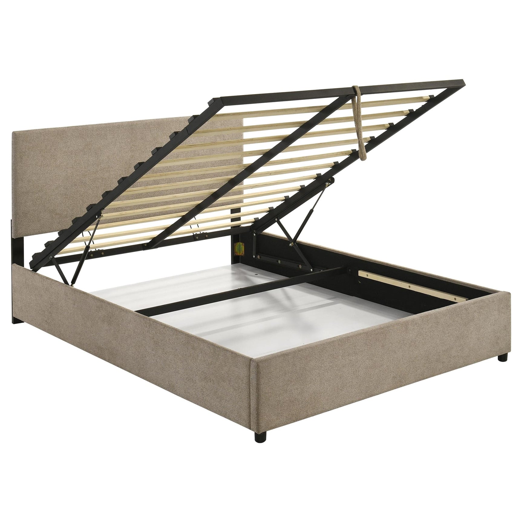 Reeves Upholstered Eastern King Lift-Top Storage Platform Bed Tan from Decor Furniture